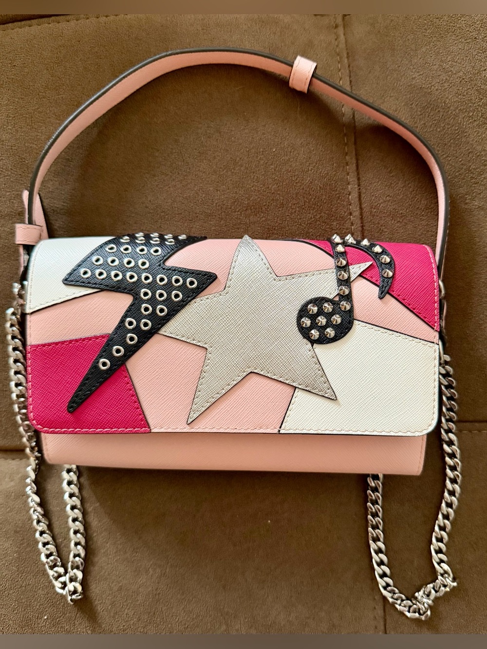 Karl Lagerfeld Pink Leather Studded Wallet on Chain WOC NWOT